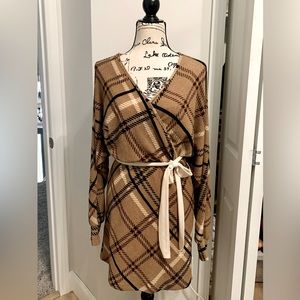 Plaid Knit Dolman Sleeve Dress with Ivory Sash